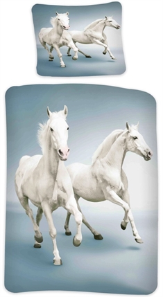 Sengetøj 140x200 cm - Heste sengetøj - 2 i 1 design - Hvide heste - Sengelinned i 100% bomuld